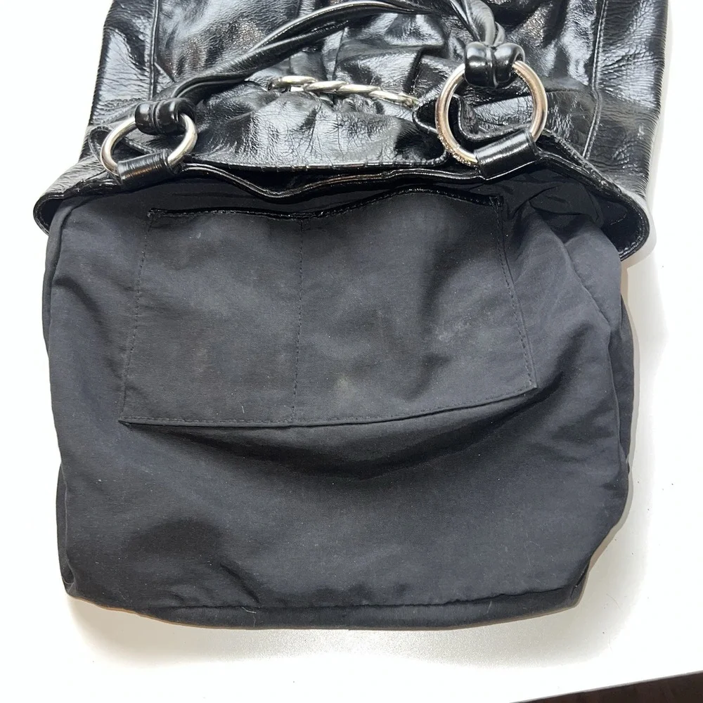 Nine West Black Patent Leather 2 Twist Handle  Purse Handbag With Chain Detail